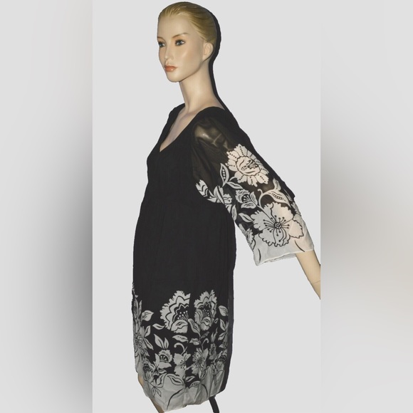 DONNA MORGAN SZ 8 M MEDIUM 100% SILK BLACK WHITE FLORAL HIGH WAIST DRESS - Picture 3 of 10